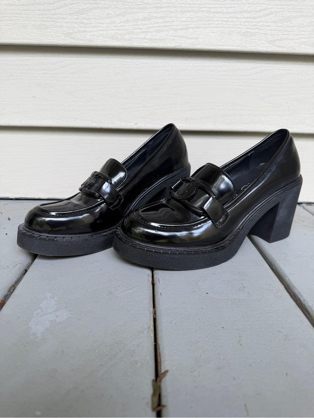 Italian Patent Black Platform Block Heel Loafers - Women's size 9
